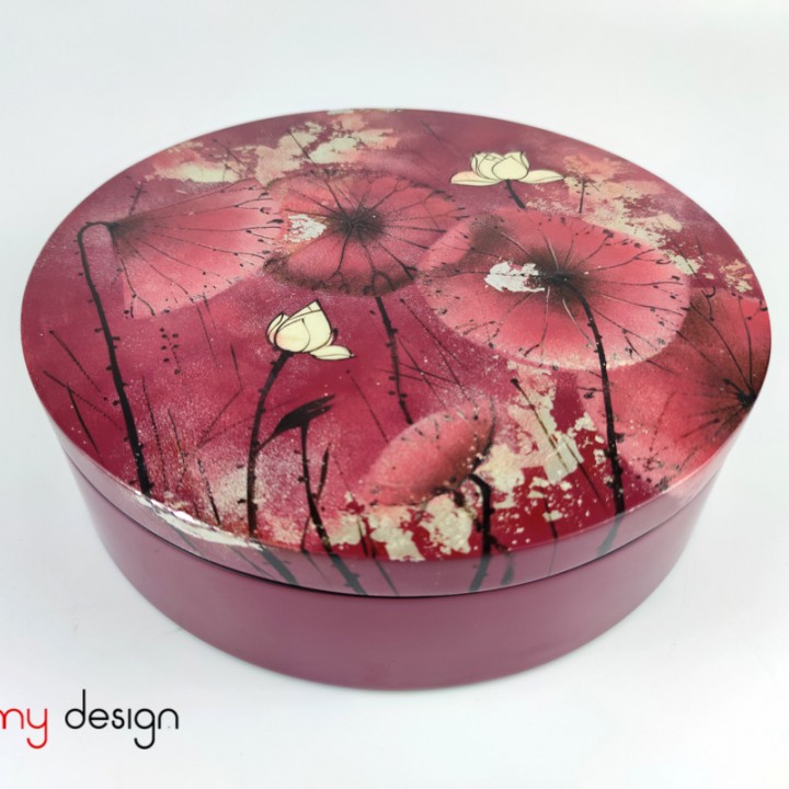 Purple round lacquer box  hand- painted with lotus pond